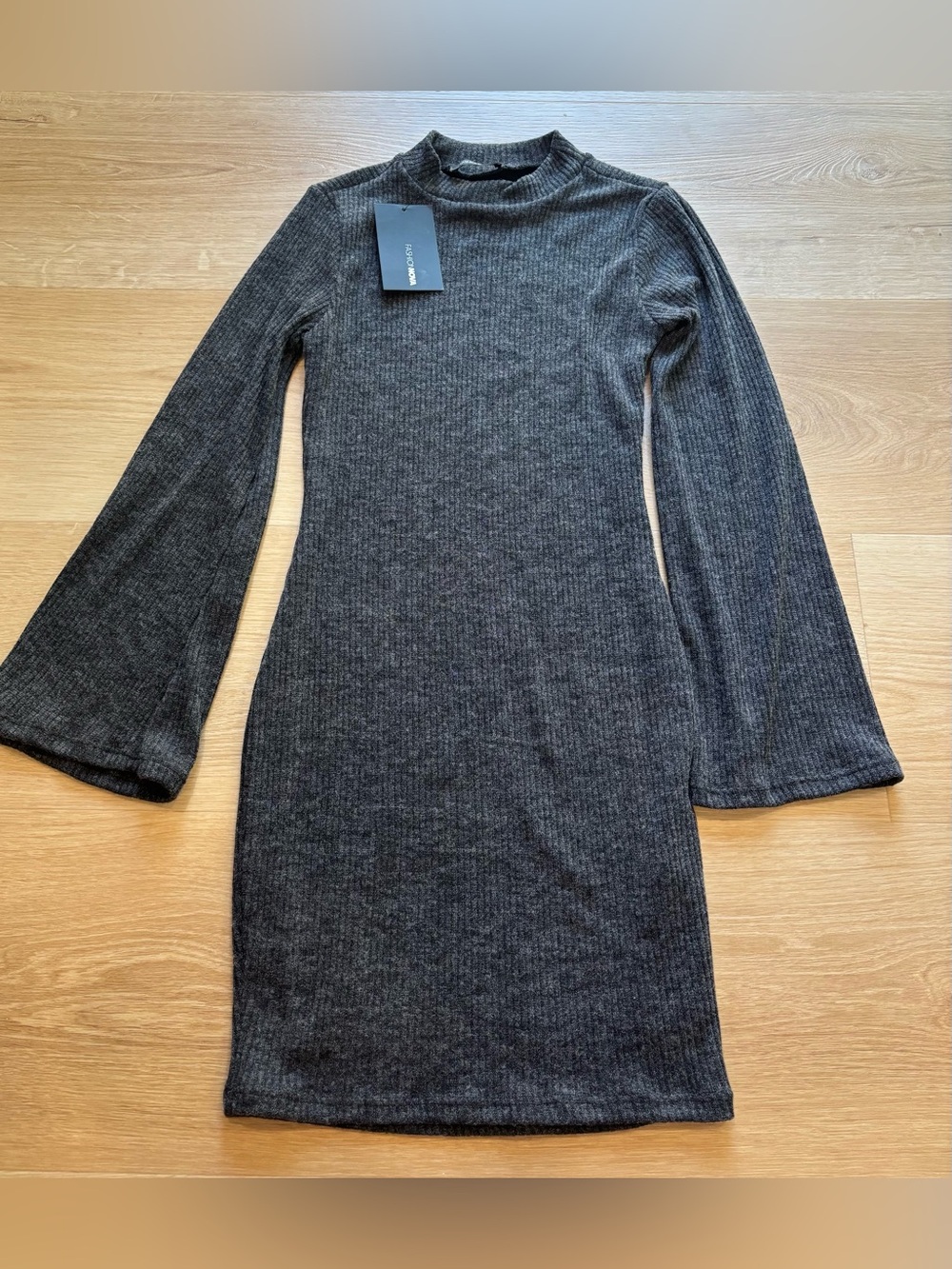 Fashion Nova Charcoal Grey Ribbed Knit Long Sleeve Dress